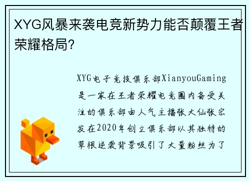 XYG风暴来袭电竞新势力能否颠覆王者荣耀格局？